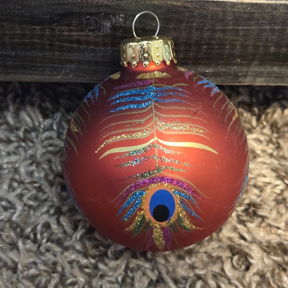Peacock Feather Glass Ball Christmas Tree Ornament Red Glitter 3" Hand Painted